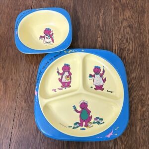 Vintage 1992 Barney Loves to Paint Child Plate And Bowl Set - The Lyons Group